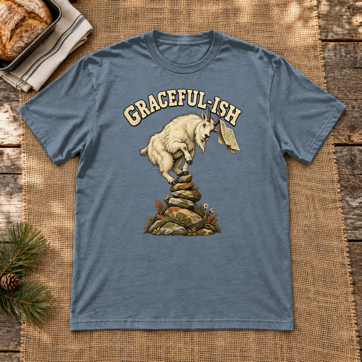 Graceful-ish Mountain Goat Graphic Tee on Heather Indigo Everyday Soft Tee