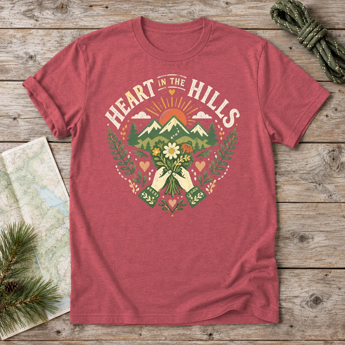 Heart in the Hills Retro Nature Graphic Tee on Heather Red Everyday Soft Tee