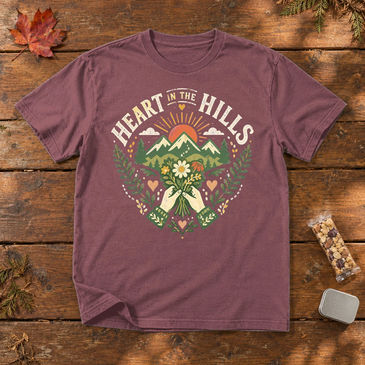 Heart in the Hills Retro Nature Graphic Tee on Brick Premium Tee
