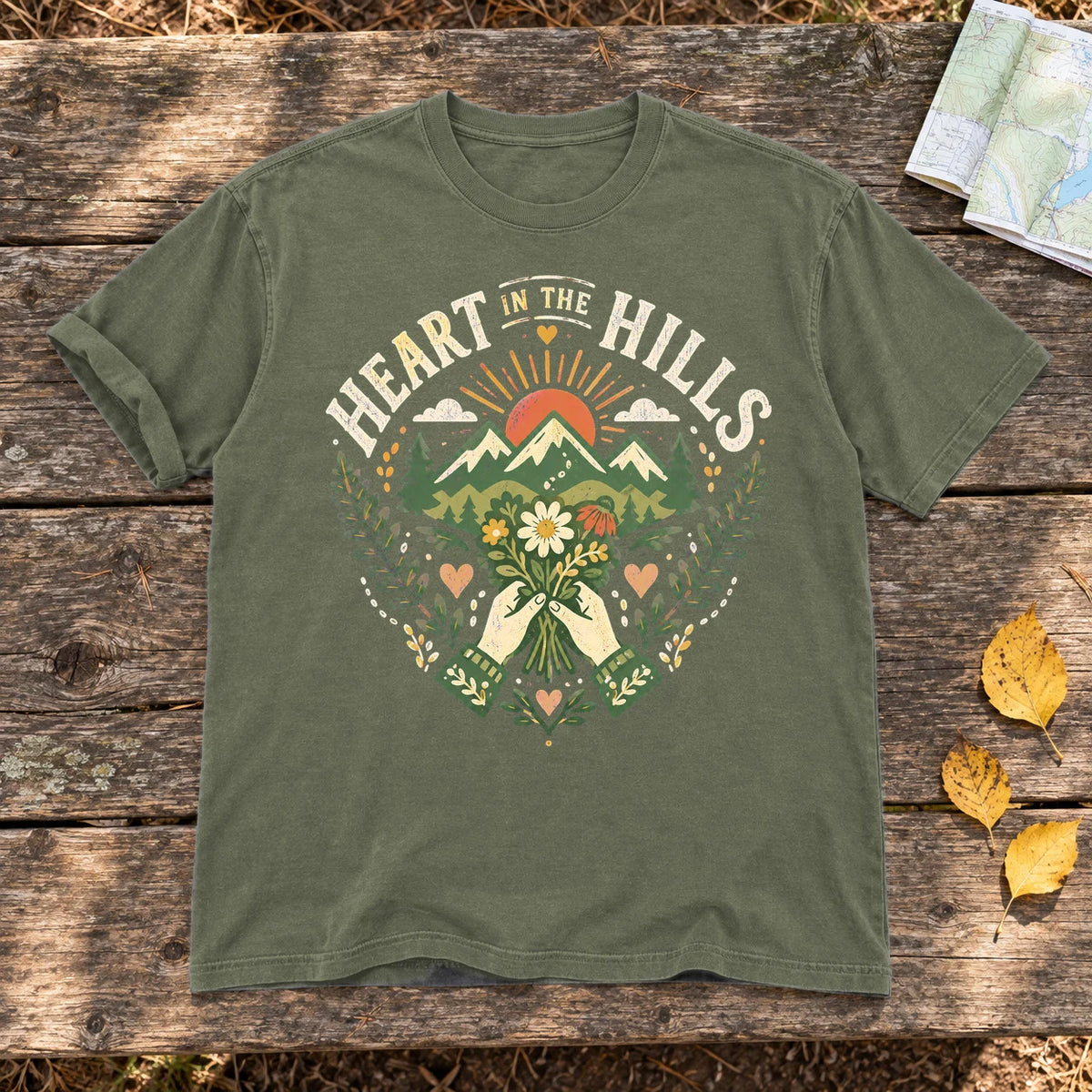 Heart in the Hills Retro Nature Graphic Tee on Moss Premium Tee