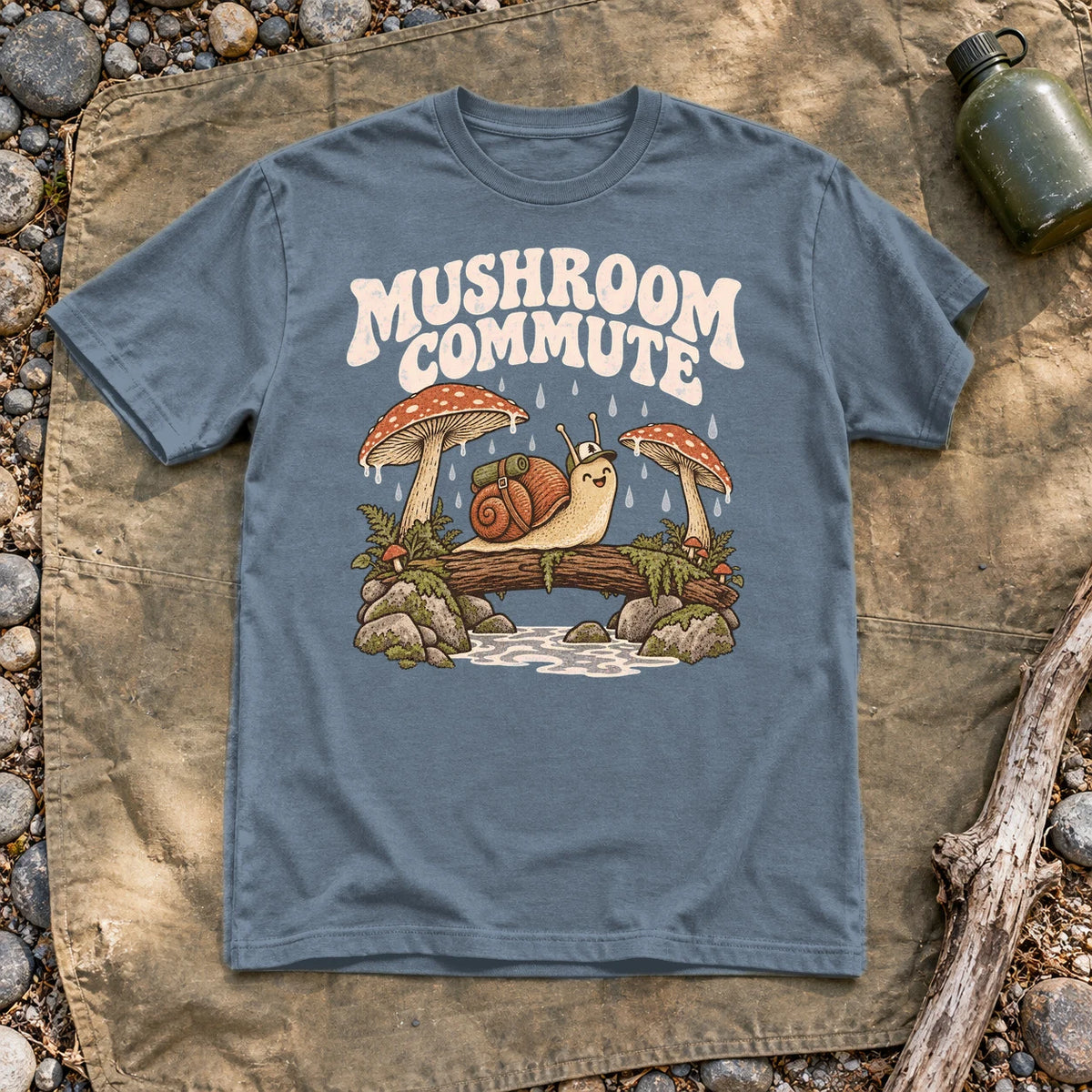 Mushroom Commute Graphic Tee on Heather Indigo Everyday Soft Tee