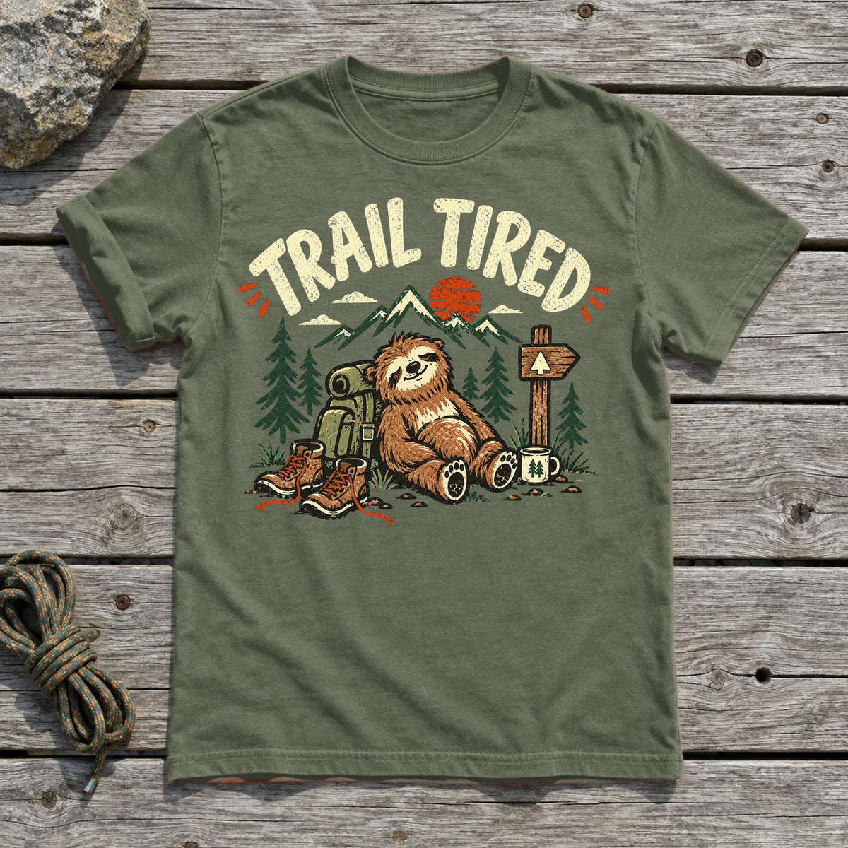 Trail Tired Sloth Hiking Graphic Tee on Military Green Everyday Soft Tee