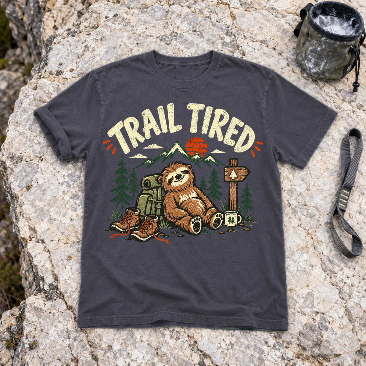 Trail Tired Sloth Hiking Graphic Tee on Navy Premium Tee