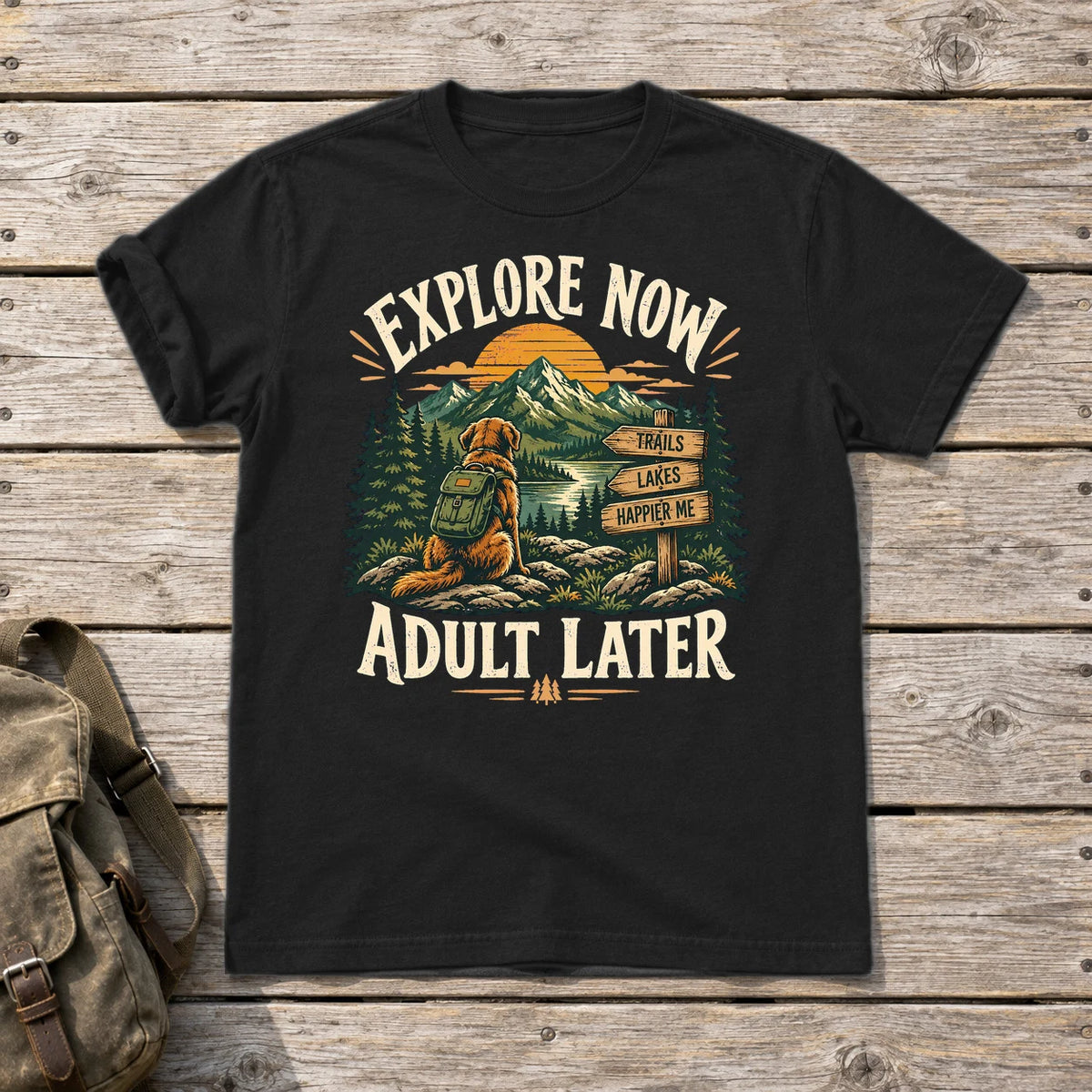 Explore Now Adult Later Dog Hiking Graphic Tee on Black Everyday Soft Tee