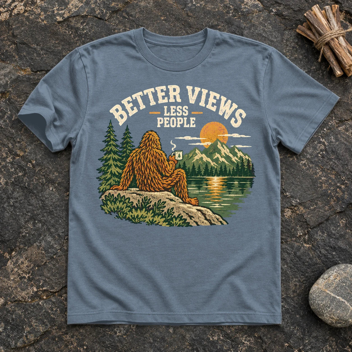 Better Views Less People Bigfoot Graphic Tee on Heather Indigo Everyday Soft Tee