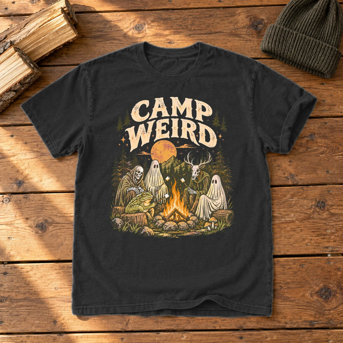 Camp Weird Spooky Campfire Graphic Tee on Black Premium Tee