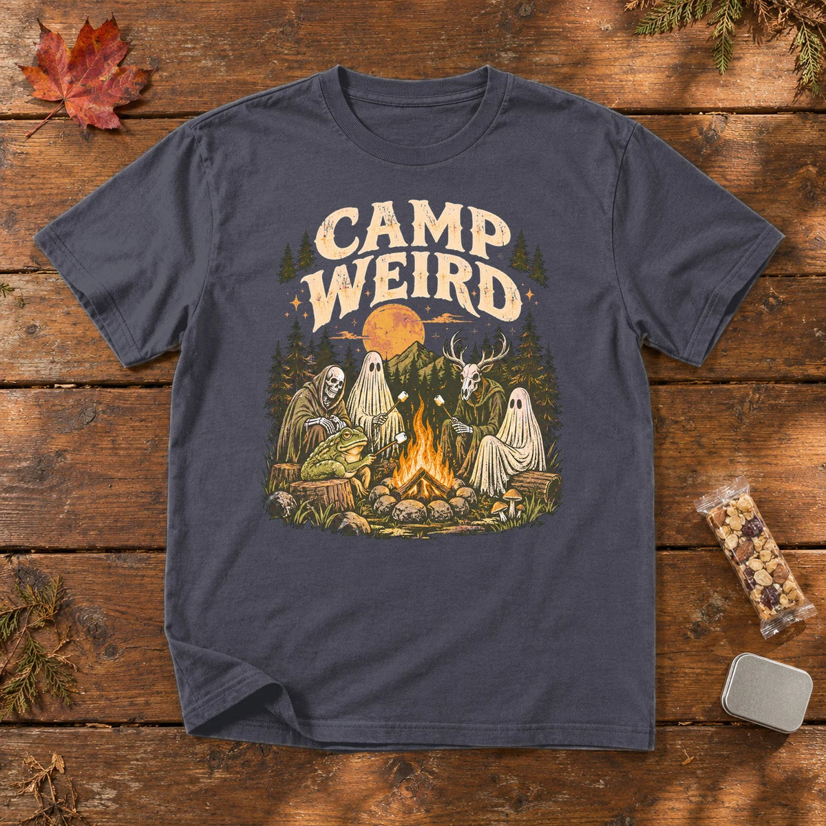 Camp Weird Spooky Campfire Graphic Tee on Navy Premium Tee