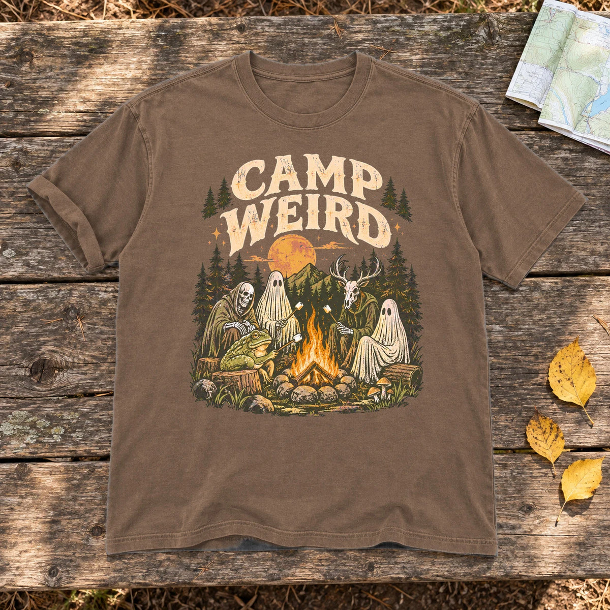 Camp Weird Spooky Campfire Graphic Tee on Espresso Premium Tee
