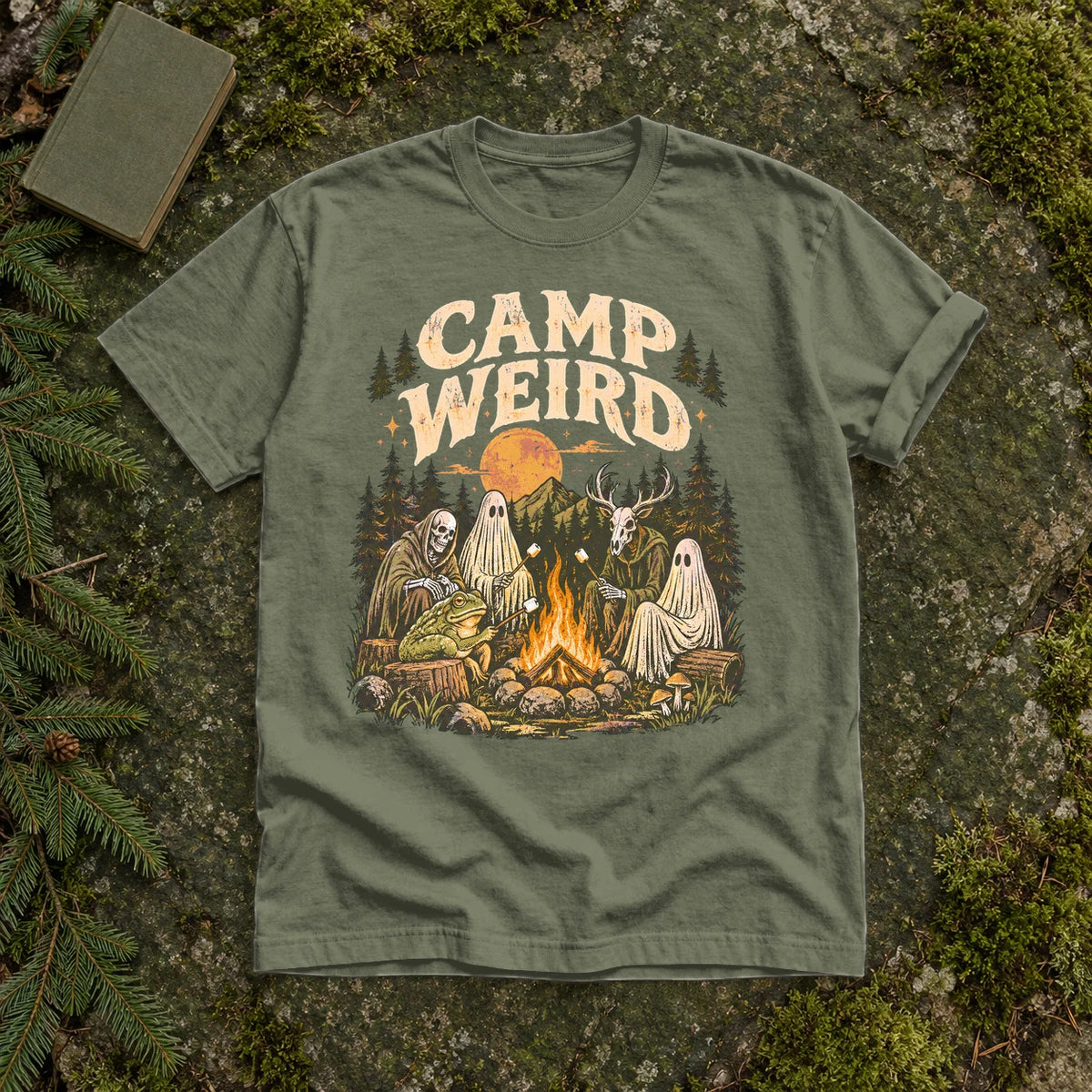 Camp Weird Spooky Campfire Graphic Tee on Moss Premium Tee