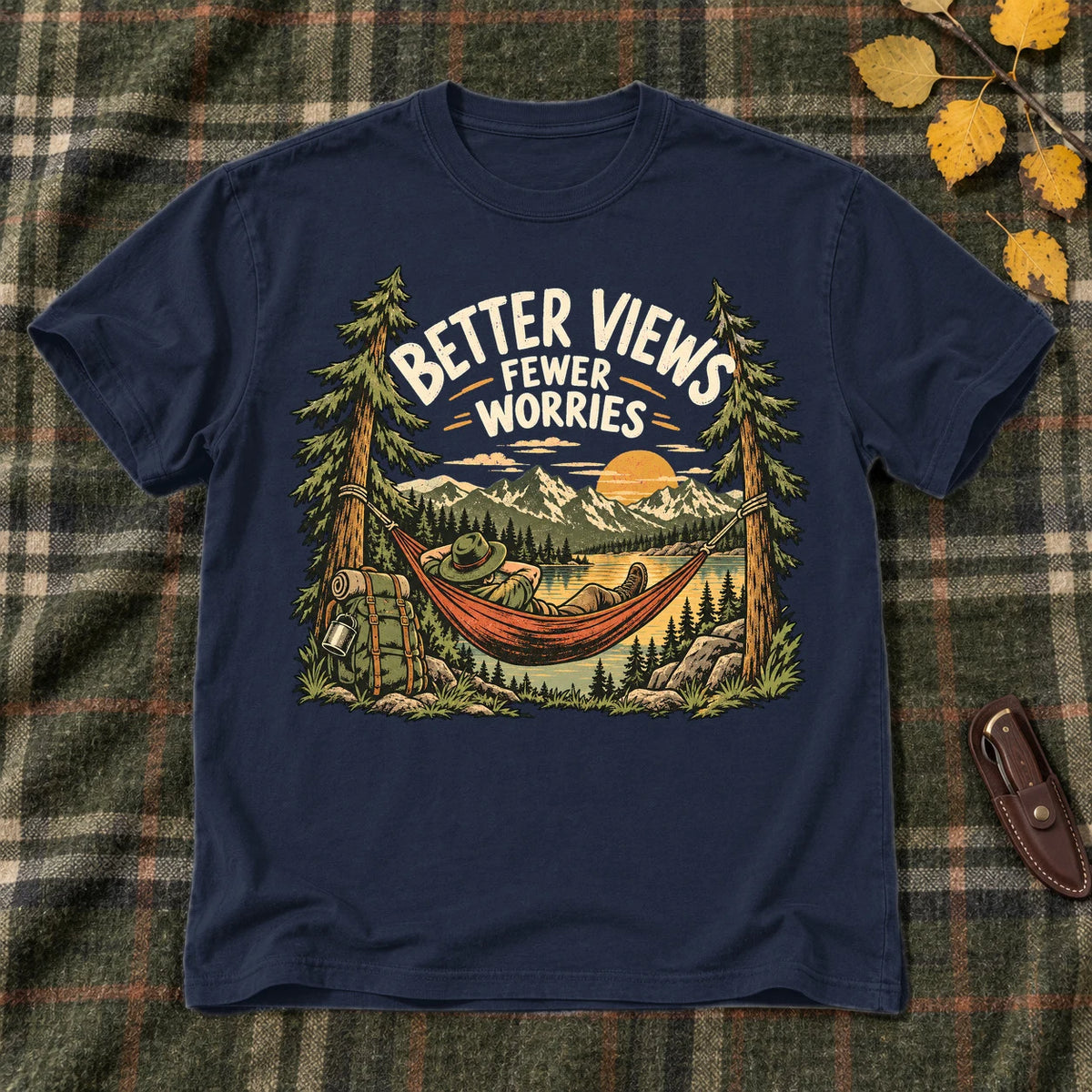 Better Views Fewer Worries Graphic Tee on Navy Everyday Soft Tee