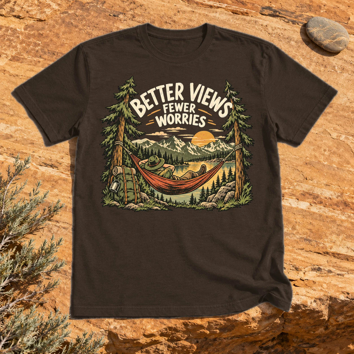 Better Views Fewer Worries Graphic Tee on Dark Chocolate Everyday Soft Tee