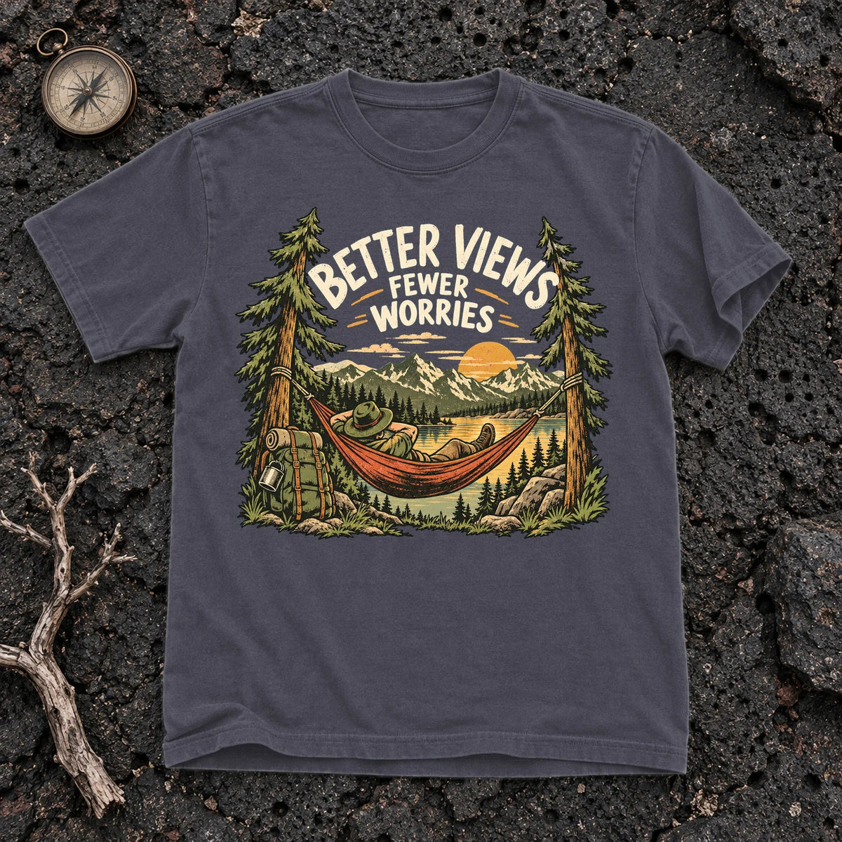 Better Views Fewer Worries Graphic Tee on Navy Premium Tee