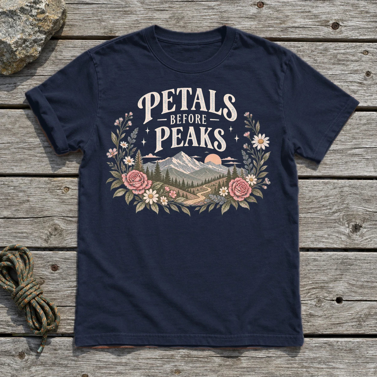 Petals Before Peaks Floral Mountain Graphic Tee on Navy Everyday Soft Tee