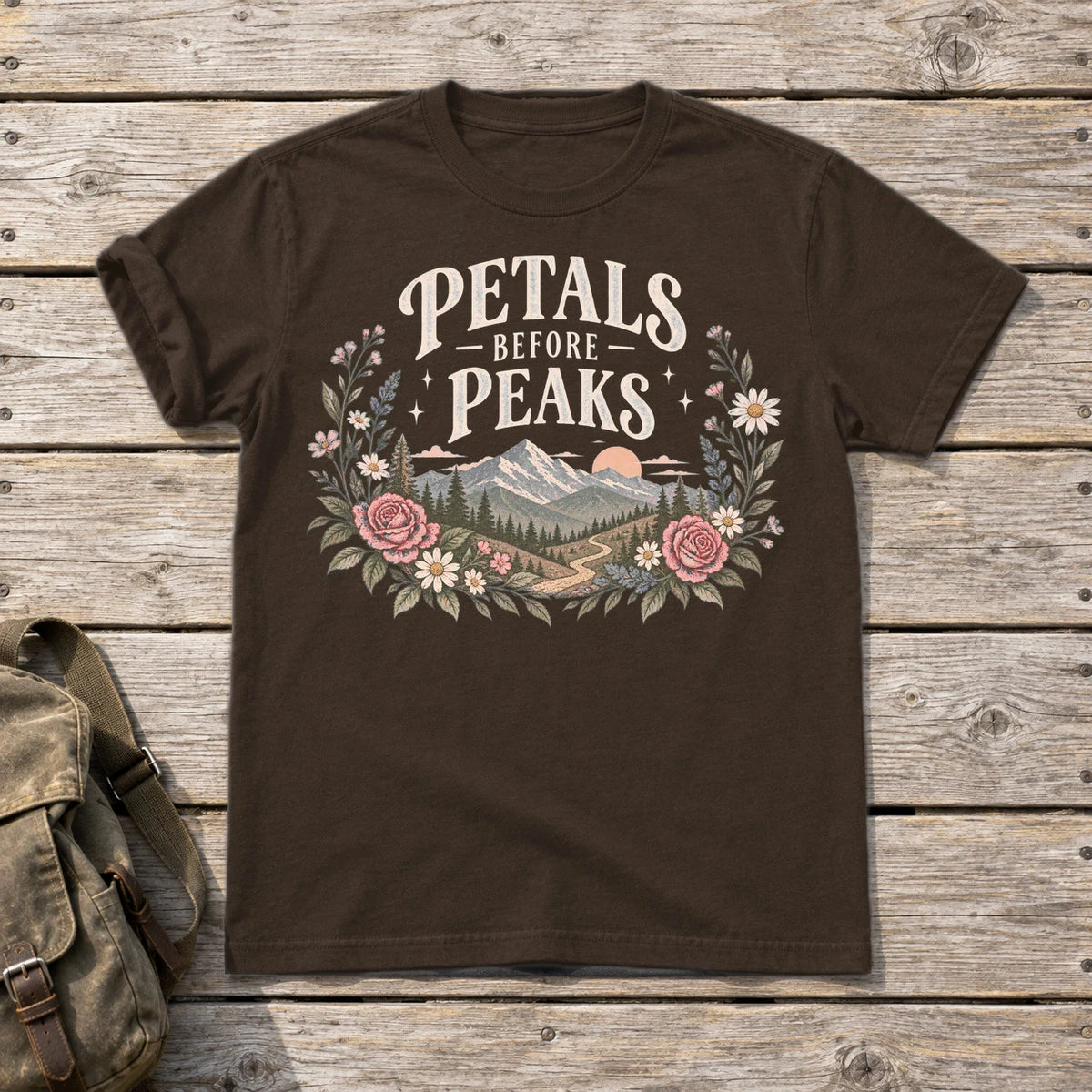 Petals Before Peaks Floral Mountain Graphic Tee on Dark Chocolate Everyday Soft Tee