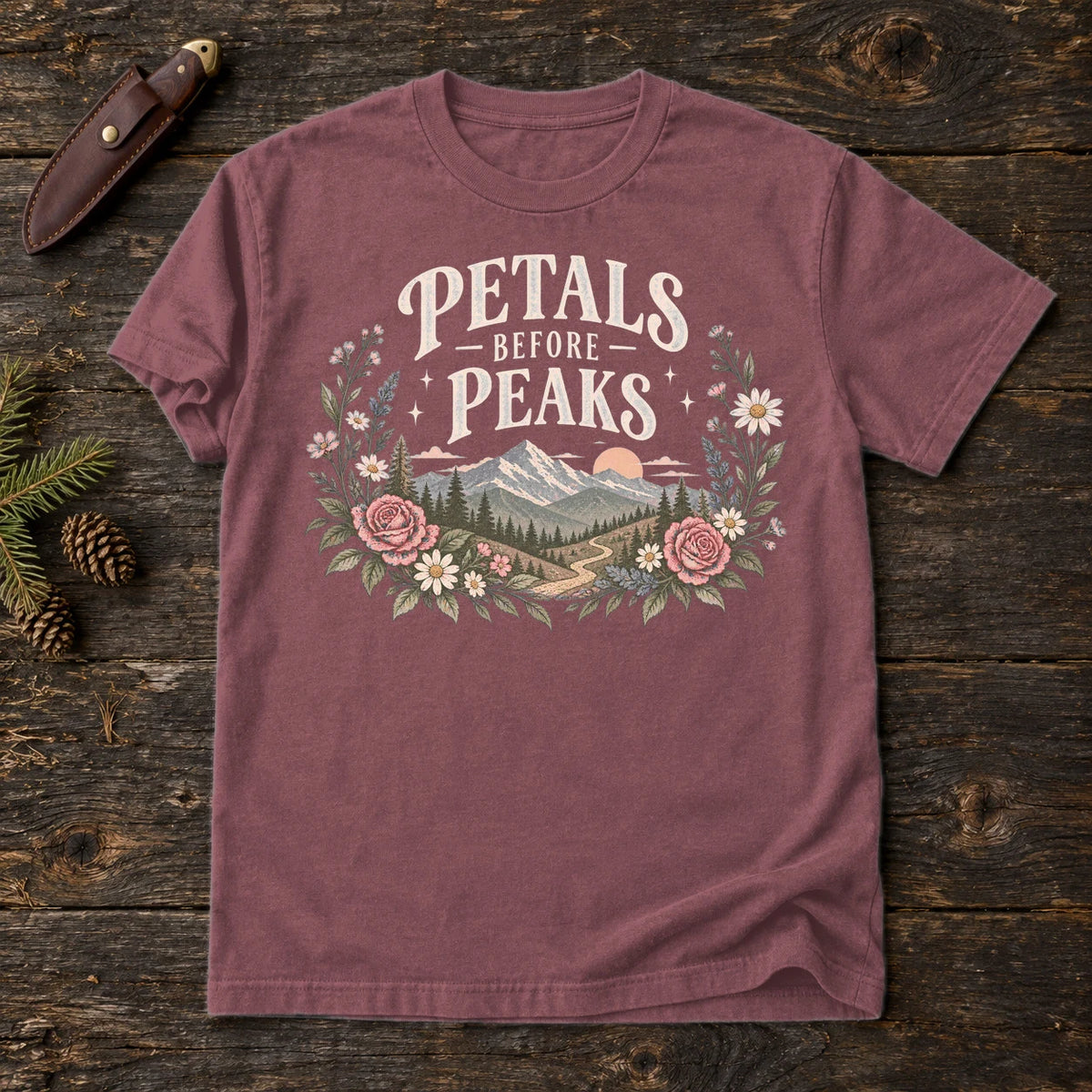 Petals Before Peaks Floral Mountain Graphic Tee on Brick Premium Tee