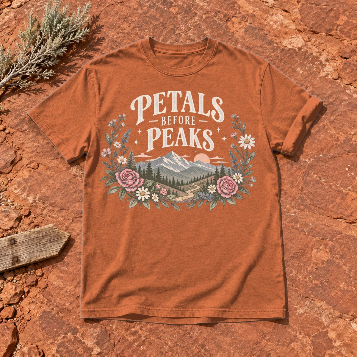 Petals Before Peaks Floral Mountain Graphic Tee on Yam Premium Tee