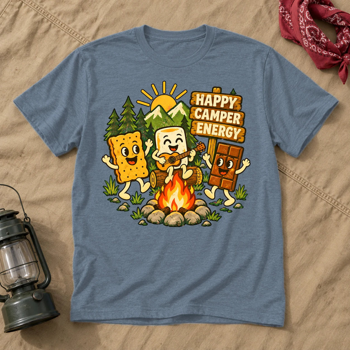 Happy Camper Energy Vintage Graphic Tee on Heather Indigo Everyday Soft Tee