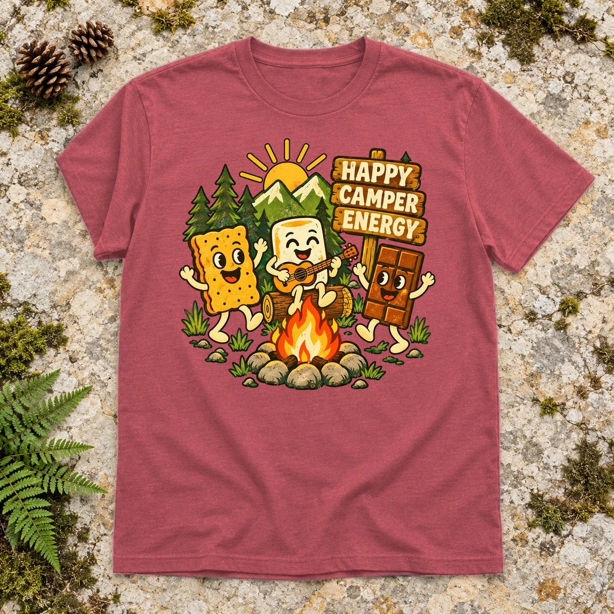 Happy Camper Energy Vintage Graphic Tee on Heather Red Everyday Soft Tee