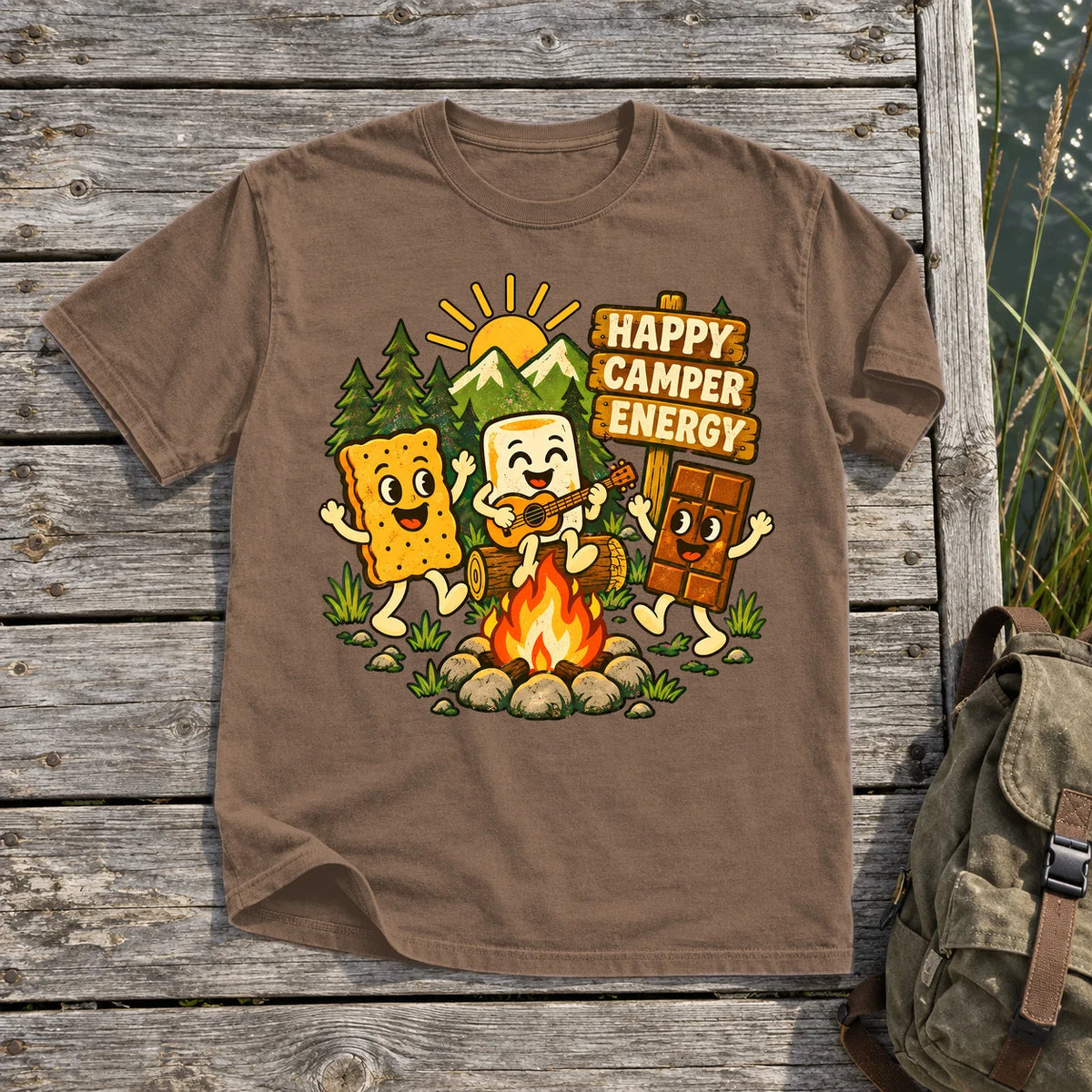 Happy Camper Energy Vintage Graphic Tee on Espresso Premium Tee