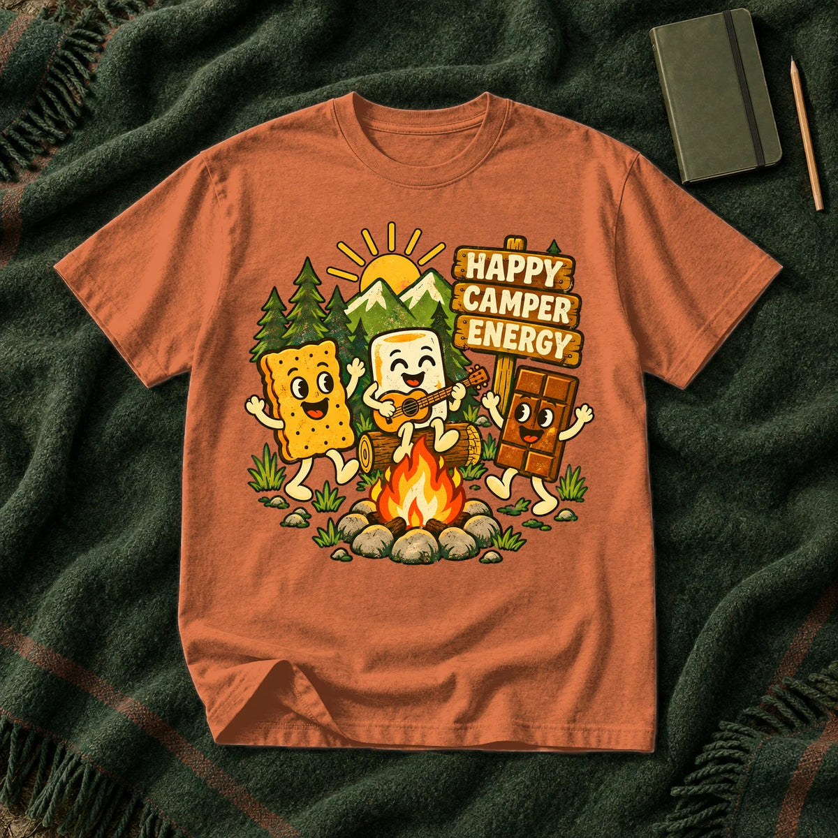 Happy Camper Energy Vintage Graphic Tee on Yam Premium Tee