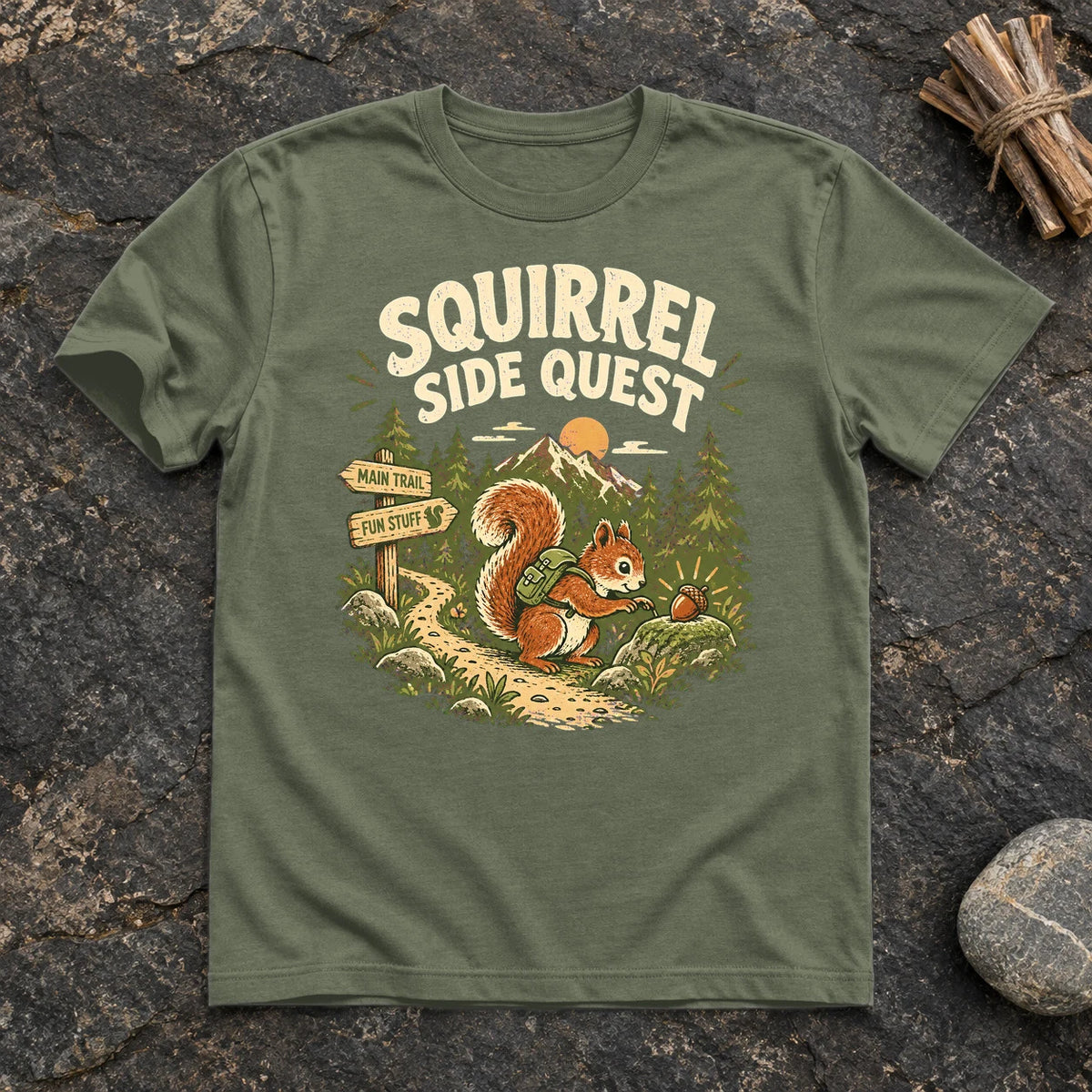 Squirrel Side Quest Graphic Tee on Military Green Everyday Soft Tee