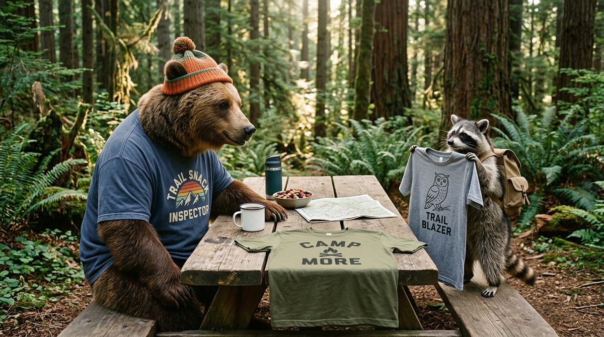 WrongTrails Snacks and Critters collection banner featuring a black bear wearing a knit beanie and a raccoon wearing a hiking backpack at a forest picnic table, displaying Trail Snack Inspector, Camp More, and Trail Blazer graphic tees.