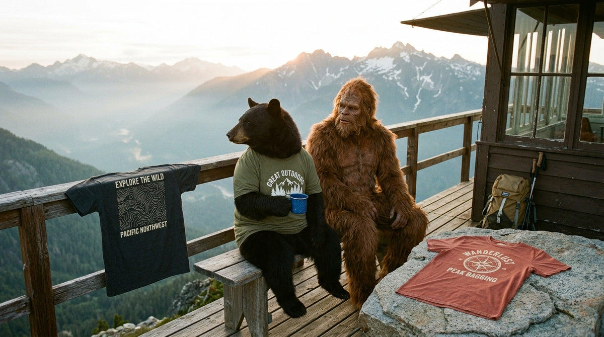 WrongTrails Trail Therapy collection banner featuring a black bear sipping morning coffee and Bigfoot sitting on a scenic fire lookout summit deck at sunrise, displaying Explore the Wild, Great Outdoors, and Wanderlust graphic tees.