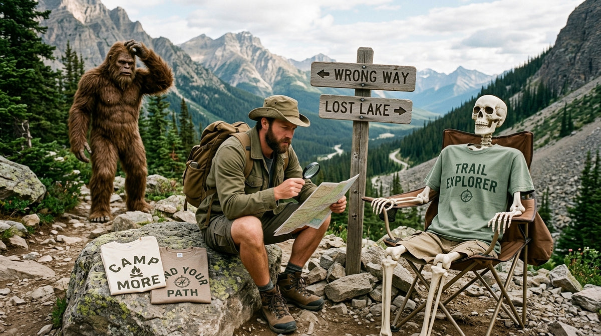 WrongTrails Questionable Shortcuts collection banner featuring a lost hiker studying a map, Bigfoot, and a skeleton resting in a camp chair by a Wrong Way trail sign, displaying Trail Explorer, Camp More, and Find Your Path graphic tees.