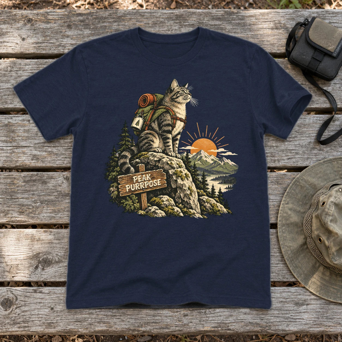 Peak Purrpose Hiking Cat Graphic Tee on Navy Everyday Soft Tee