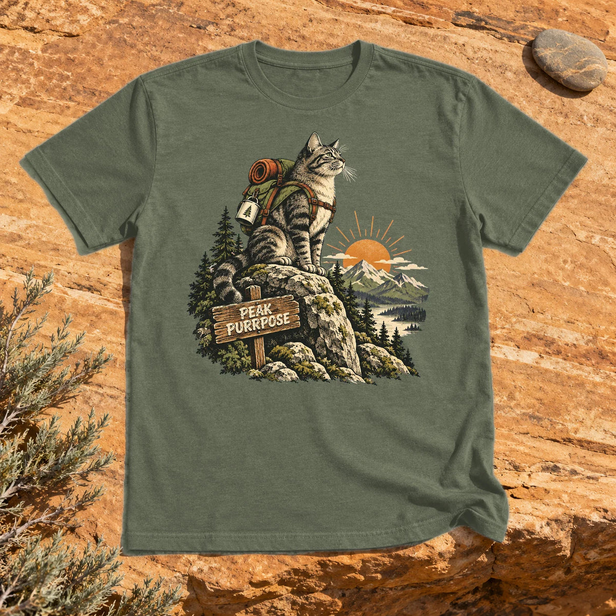 Peak Purrpose Hiking Cat Graphic Tee on Military Green Everyday Soft Tee