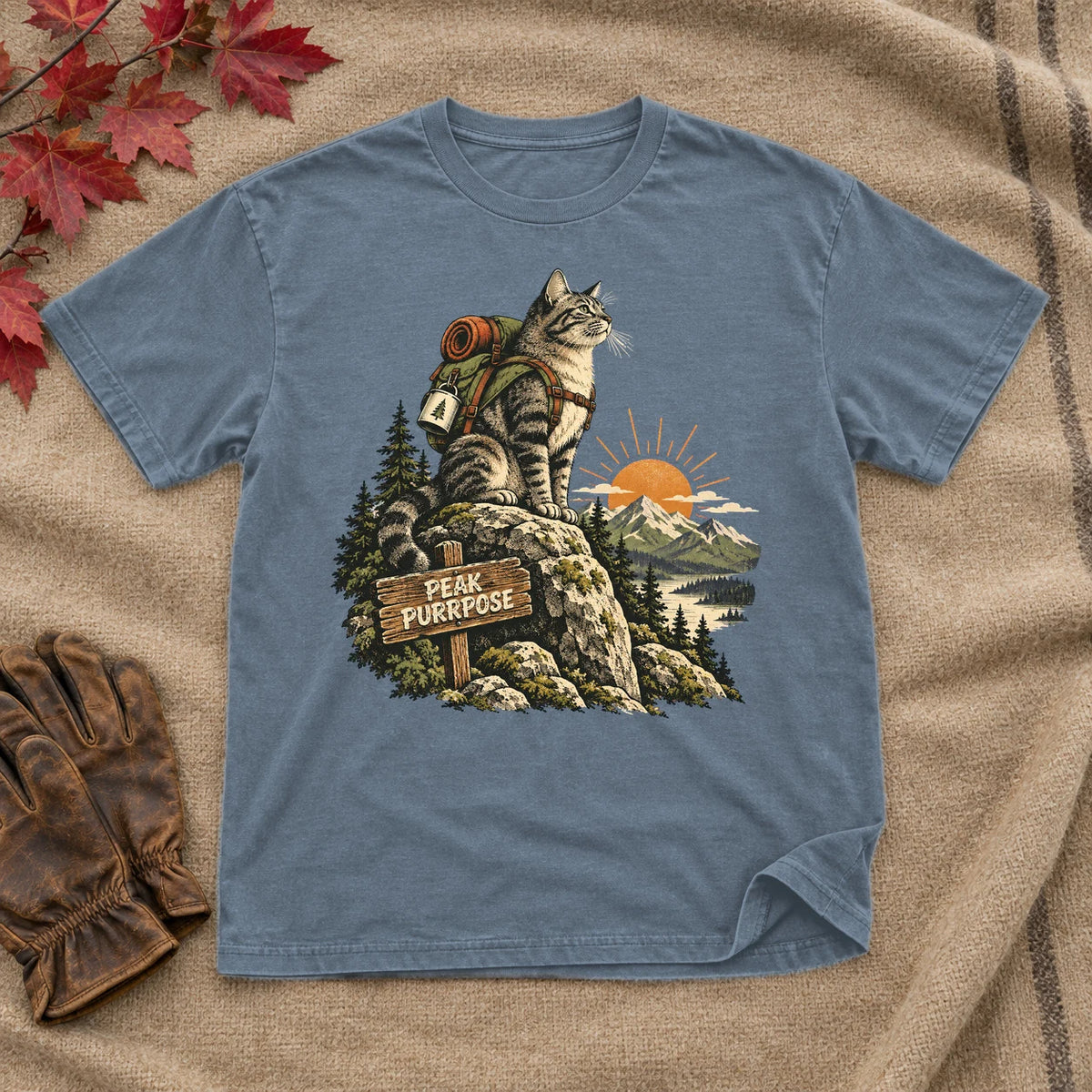 Peak Purrpose Hiking Cat Graphic Tee on Heather Indigo Everyday Soft Tee