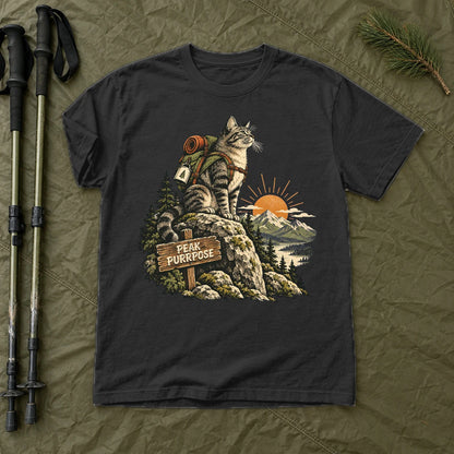 Peak Purrpose Hiking Cat Graphic Tee on Black Premium Tee