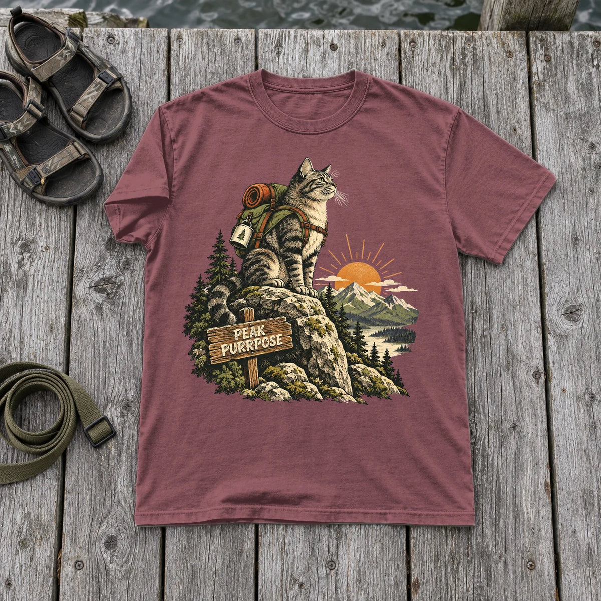 Peak Purrpose Hiking Cat Graphic Tee on Brick Premium Tee