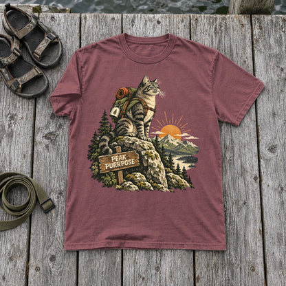 Peak Purrpose Hiking Cat Graphic Tee on Brick Premium Tee