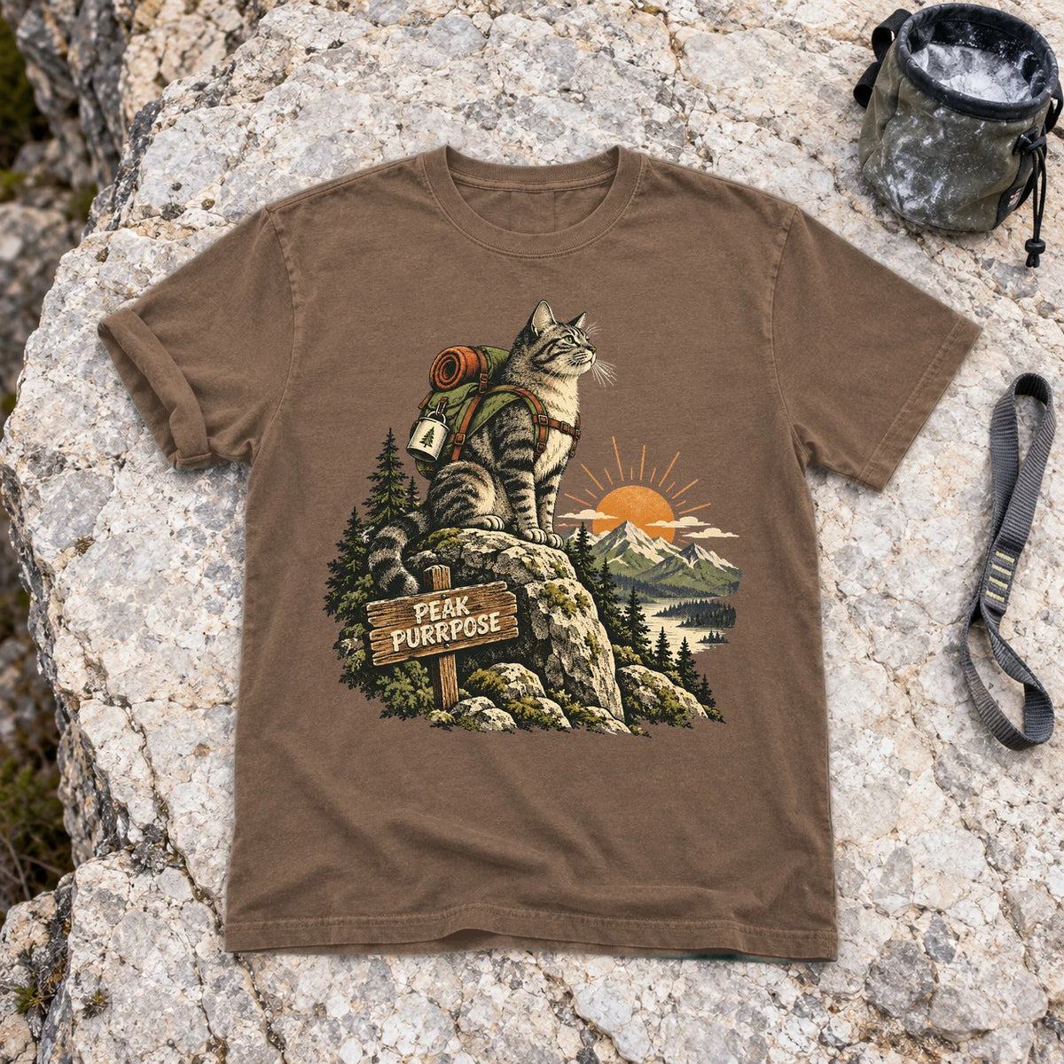 Peak Purrpose Hiking Cat Graphic Tee on Espresso Premium Tee