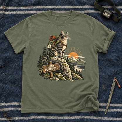 Peak Purrpose Hiking Cat Graphic Tee on Moss Premium Tee