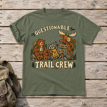 Questionable Trail Crew Graphic Tee on Military Green Everyday Soft Tee