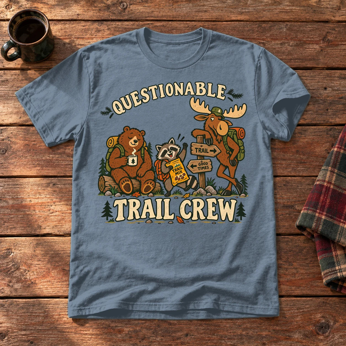 Questionable Trail Crew Graphic Tee on Heather Indigo Everyday Soft Tee