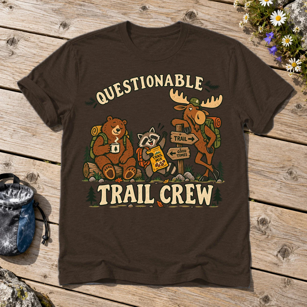 Questionable Trail Crew Graphic Tee on Dark Chocolate Everyday Soft Tee