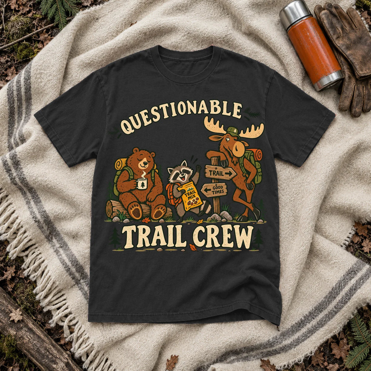 Questionable Trail Crew Graphic Tee on Black Premium Tee