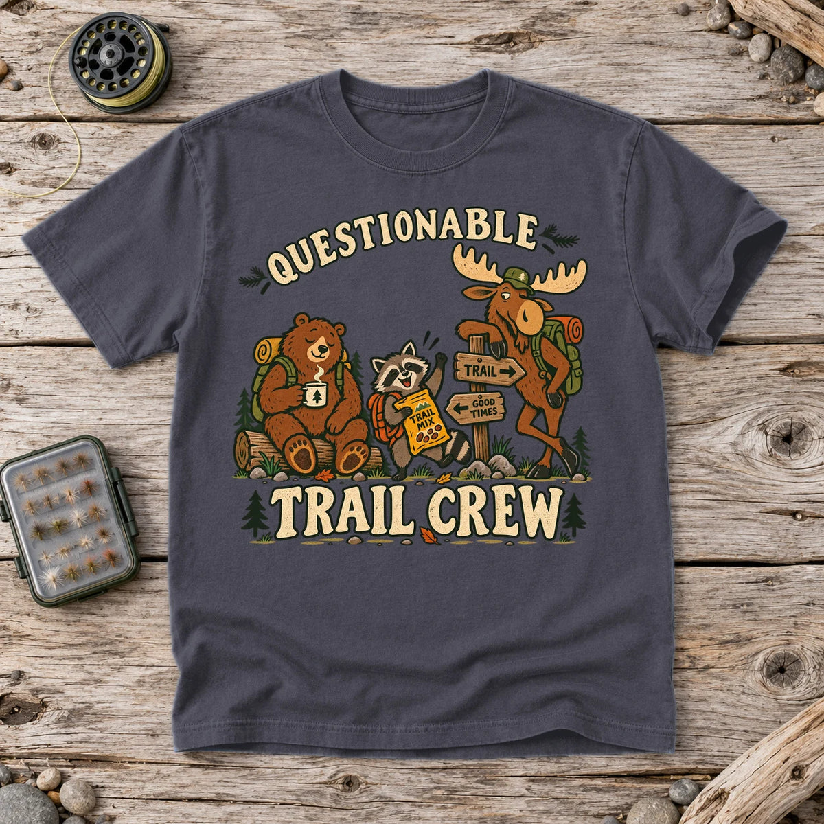 Questionable Trail Crew Graphic Tee on Navy Premium Tee