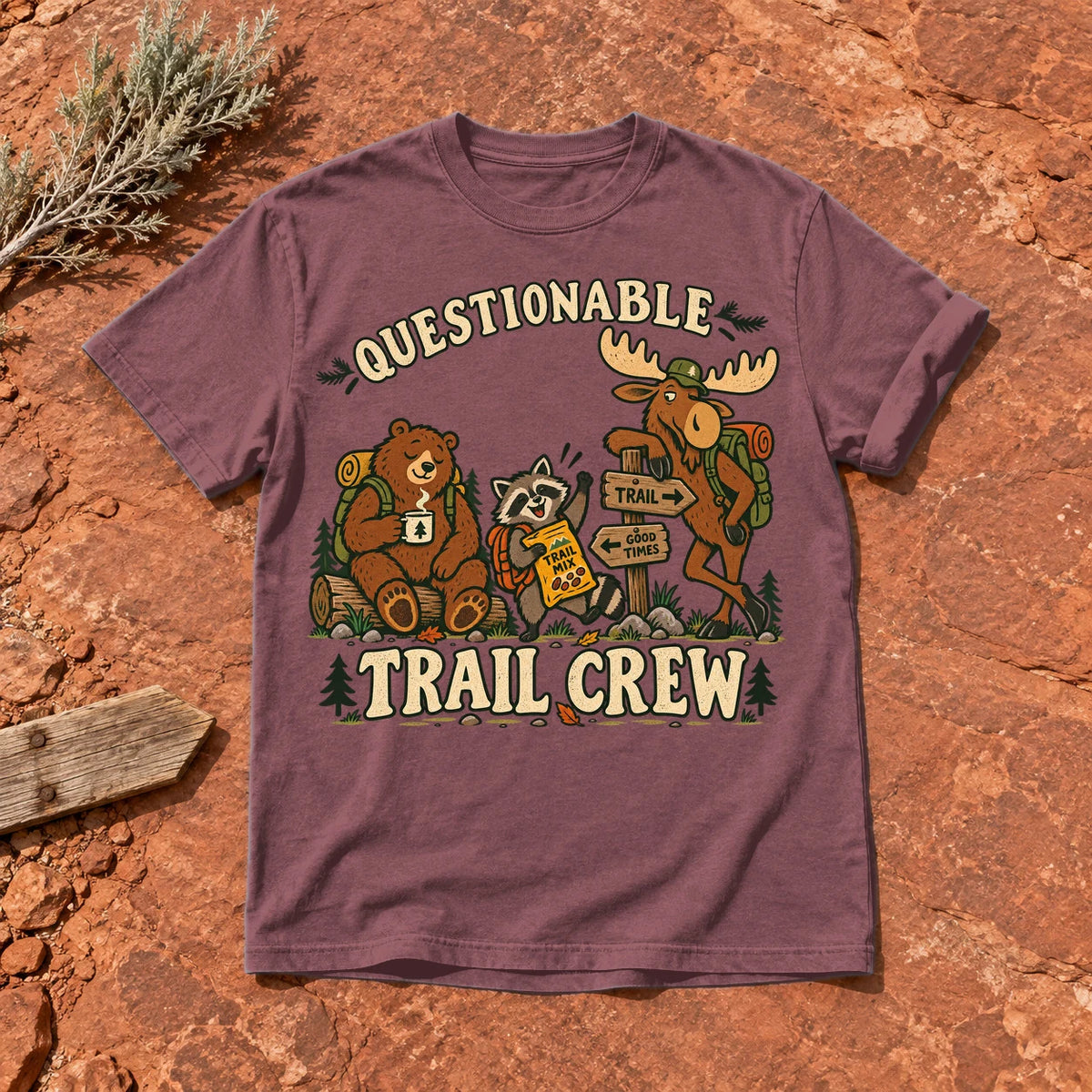 Questionable Trail Crew Graphic Tee on Brick Premium Tee