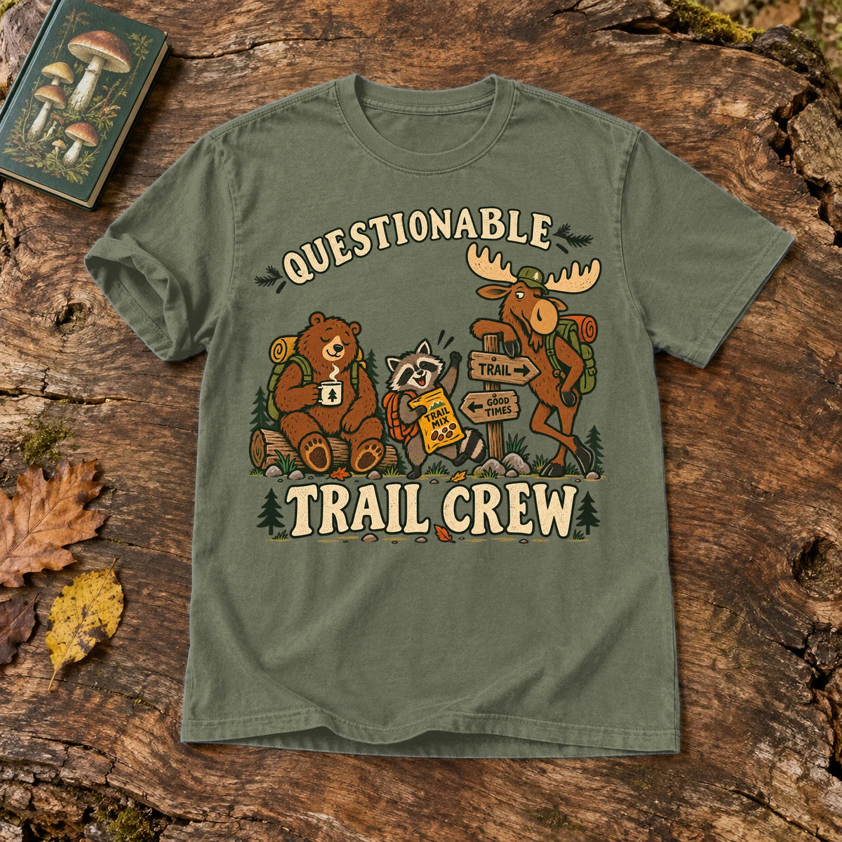Questionable Trail Crew Graphic Tee on Moss Premium Tee