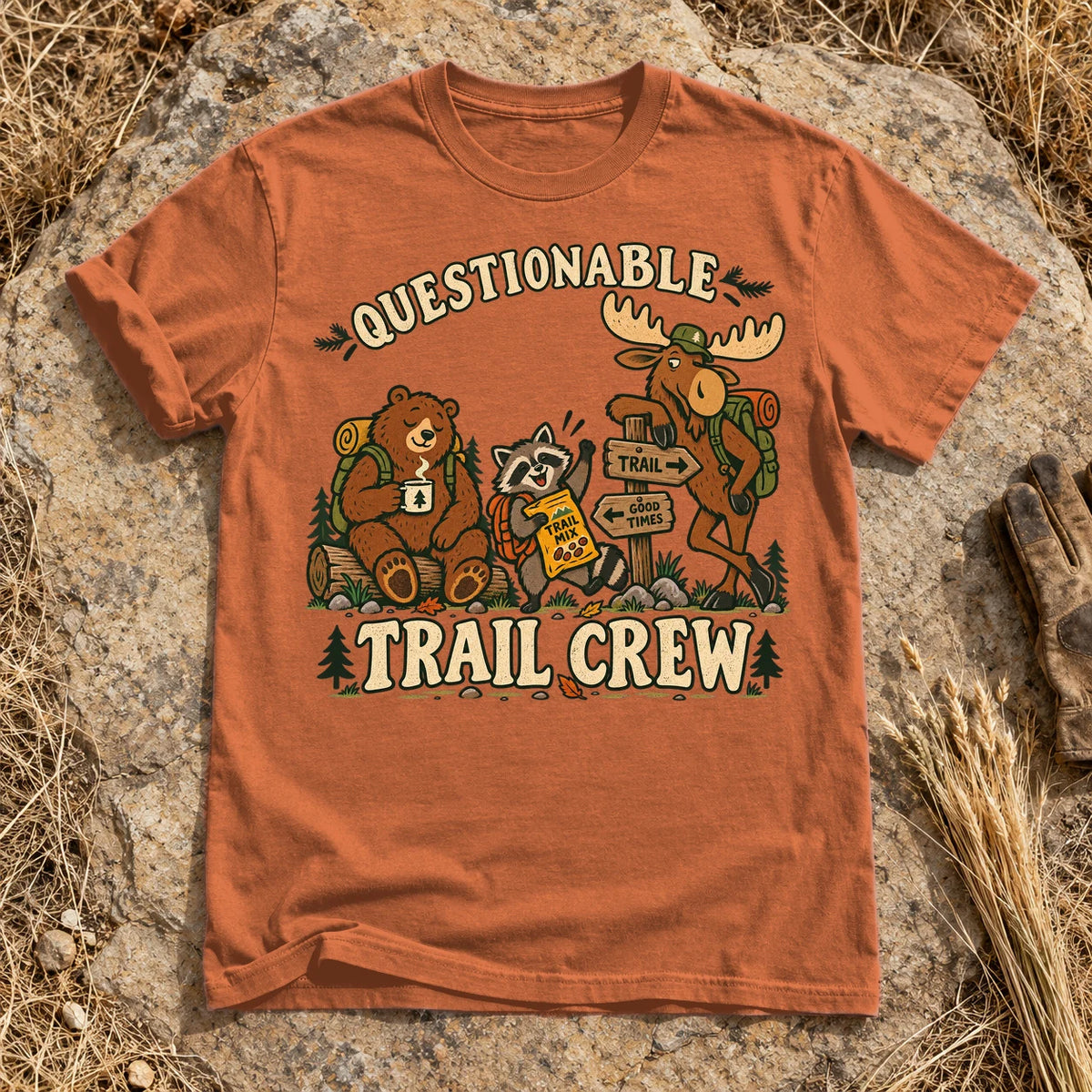 Questionable Trail Crew Graphic Tee on Yam Premium Tee