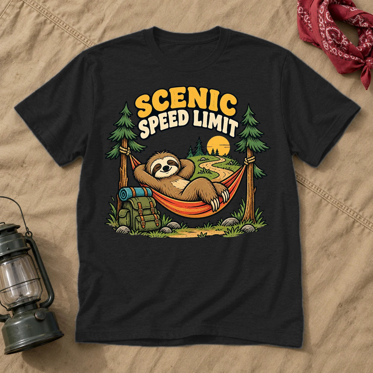Scenic Speed Limit Sloth Graphic Tee on Black Everyday Soft Tee