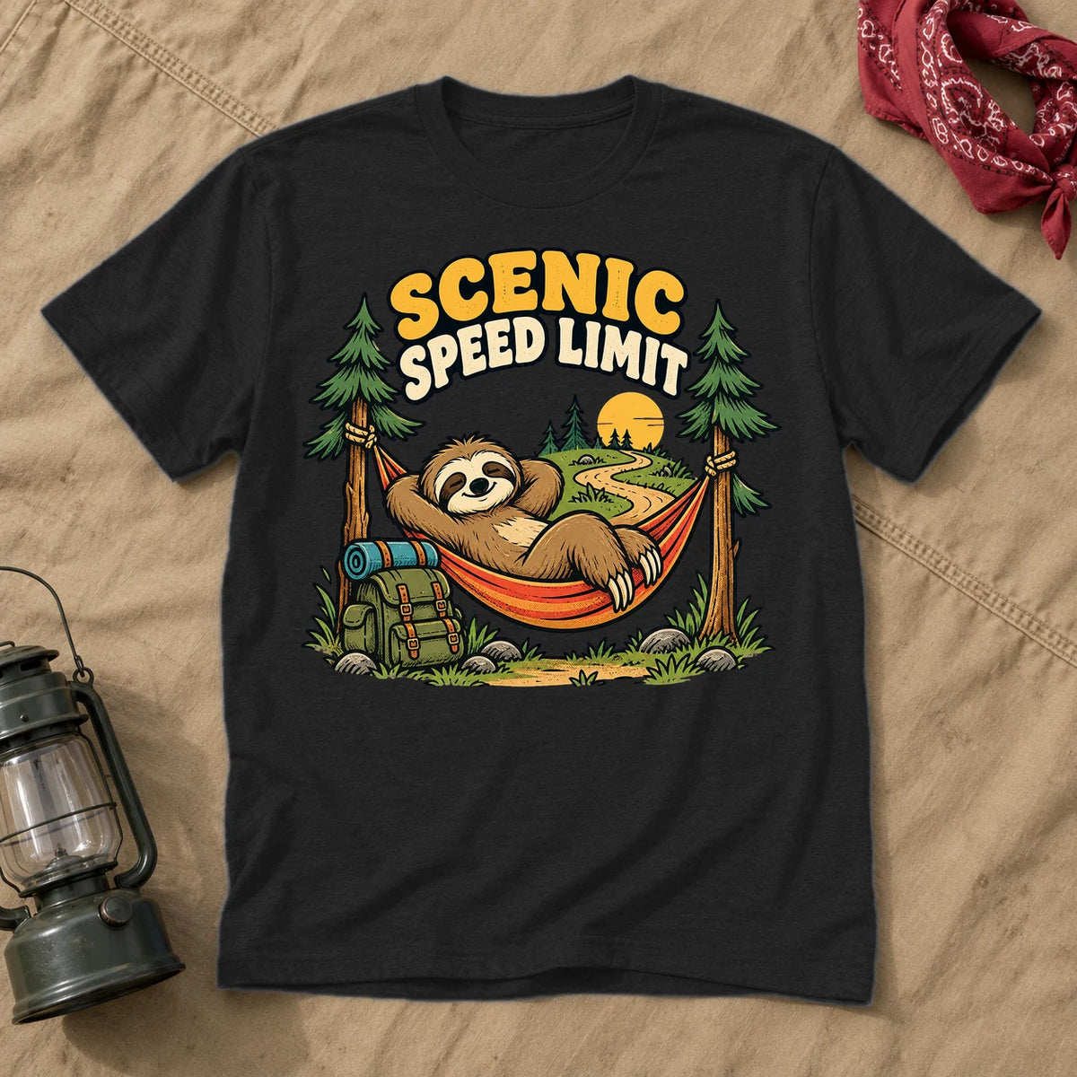 Scenic Speed Limit Sloth Graphic Tee on Black Everyday Soft Tee