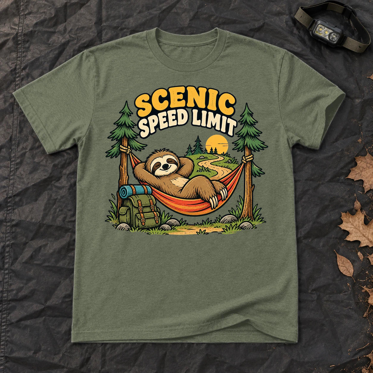 Scenic Speed Limit Sloth Graphic Tee on Military Green Everyday Soft Tee