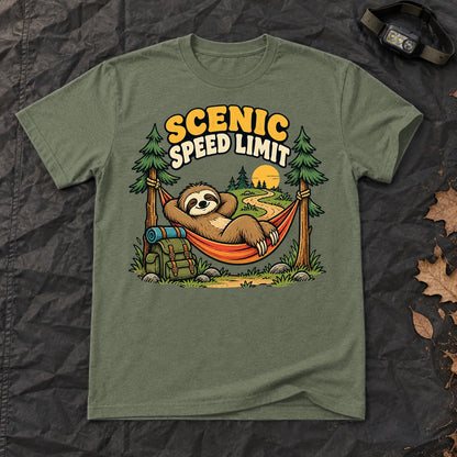 Scenic Speed Limit Sloth Graphic Tee on Military Green Everyday Soft Tee