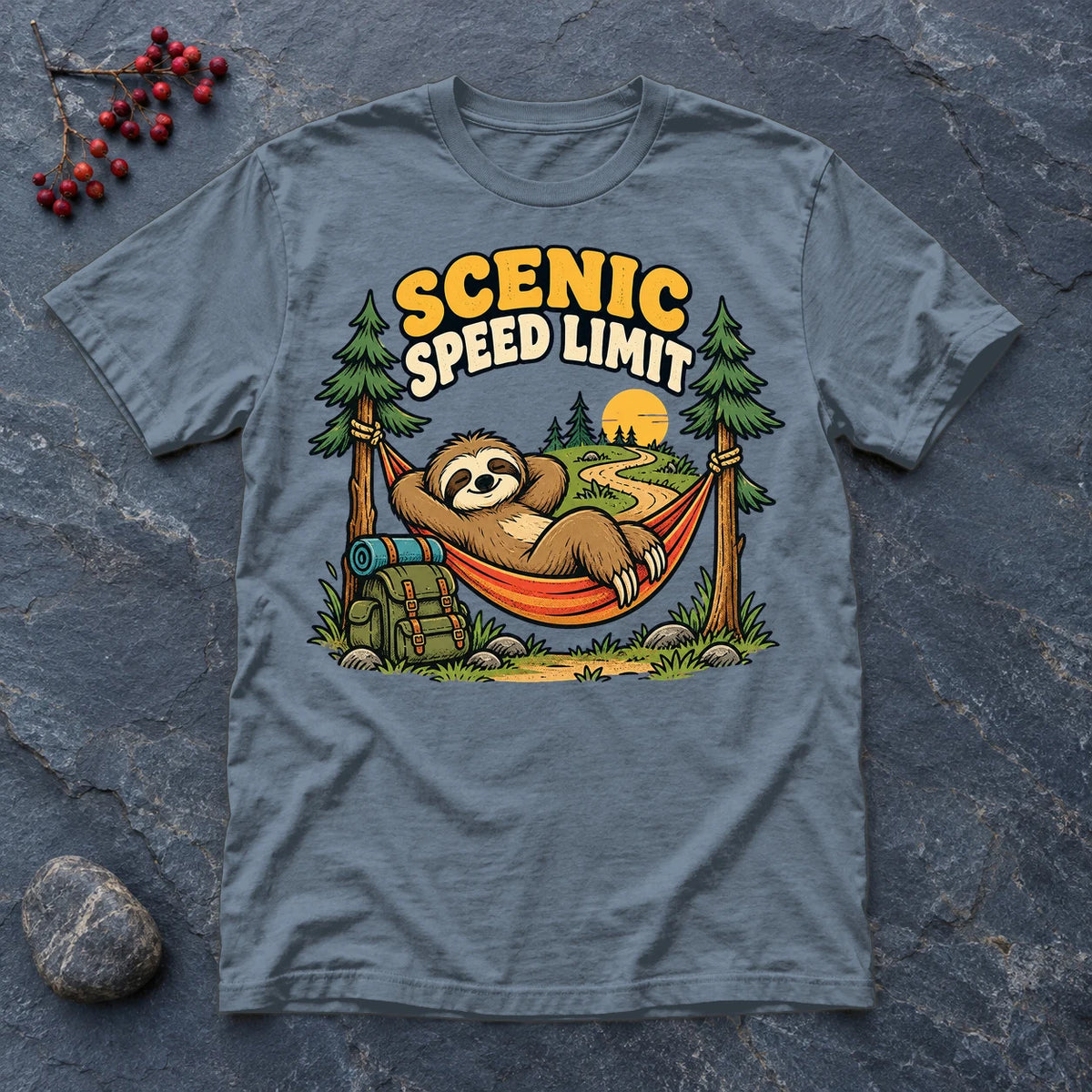 Scenic Speed Limit Sloth Graphic Tee on Heather Indigo Everyday Soft Tee