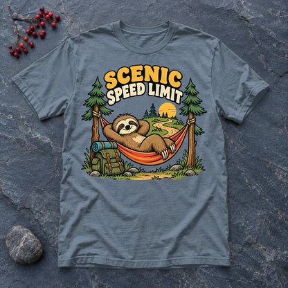 Scenic Speed Limit Sloth Graphic Tee on Heather Indigo Everyday Soft Tee